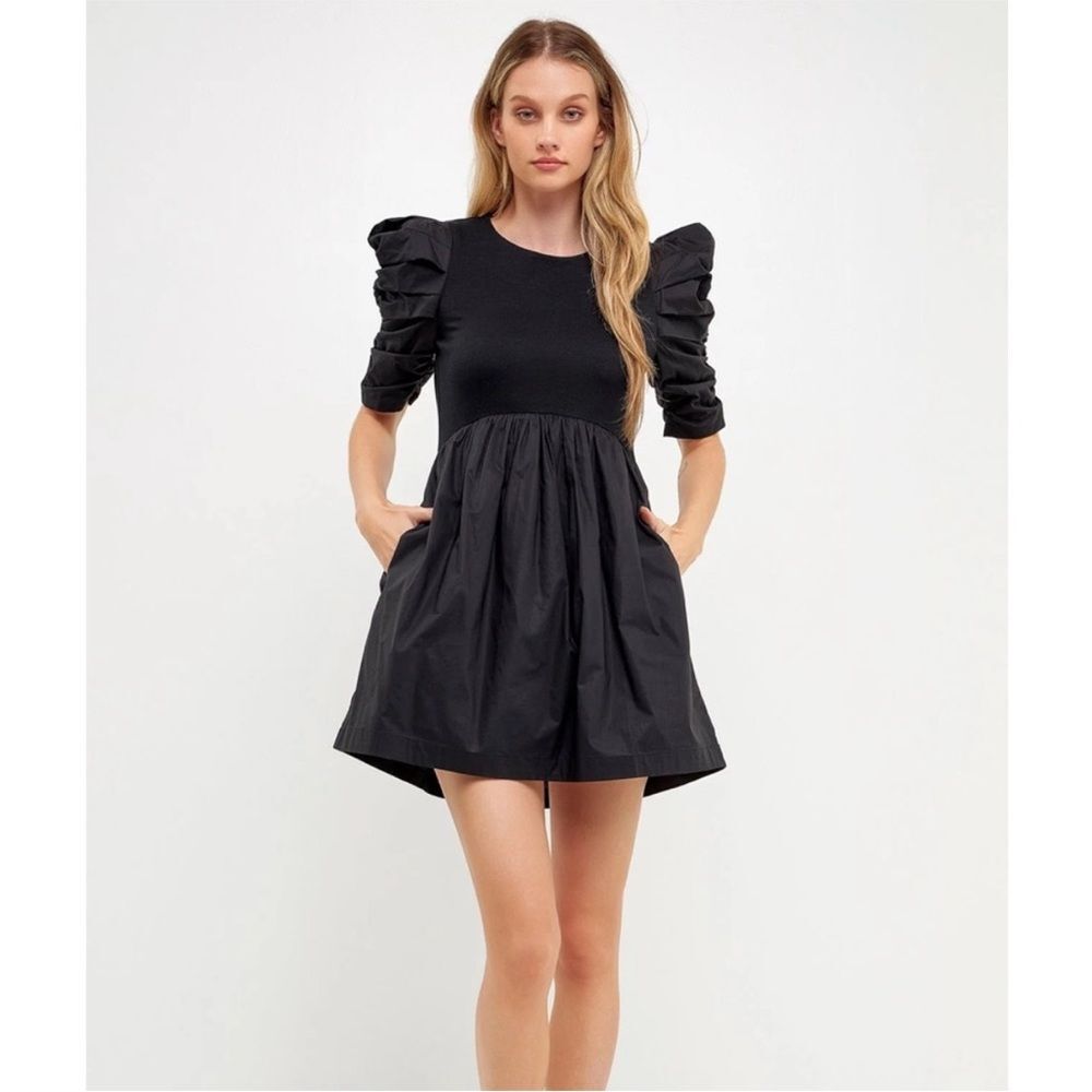English Factory Pleated Puff Sleeve Mini Dress Large